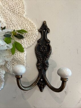 Antique-Style Double Wall Hook with White Ceramic Knobs
